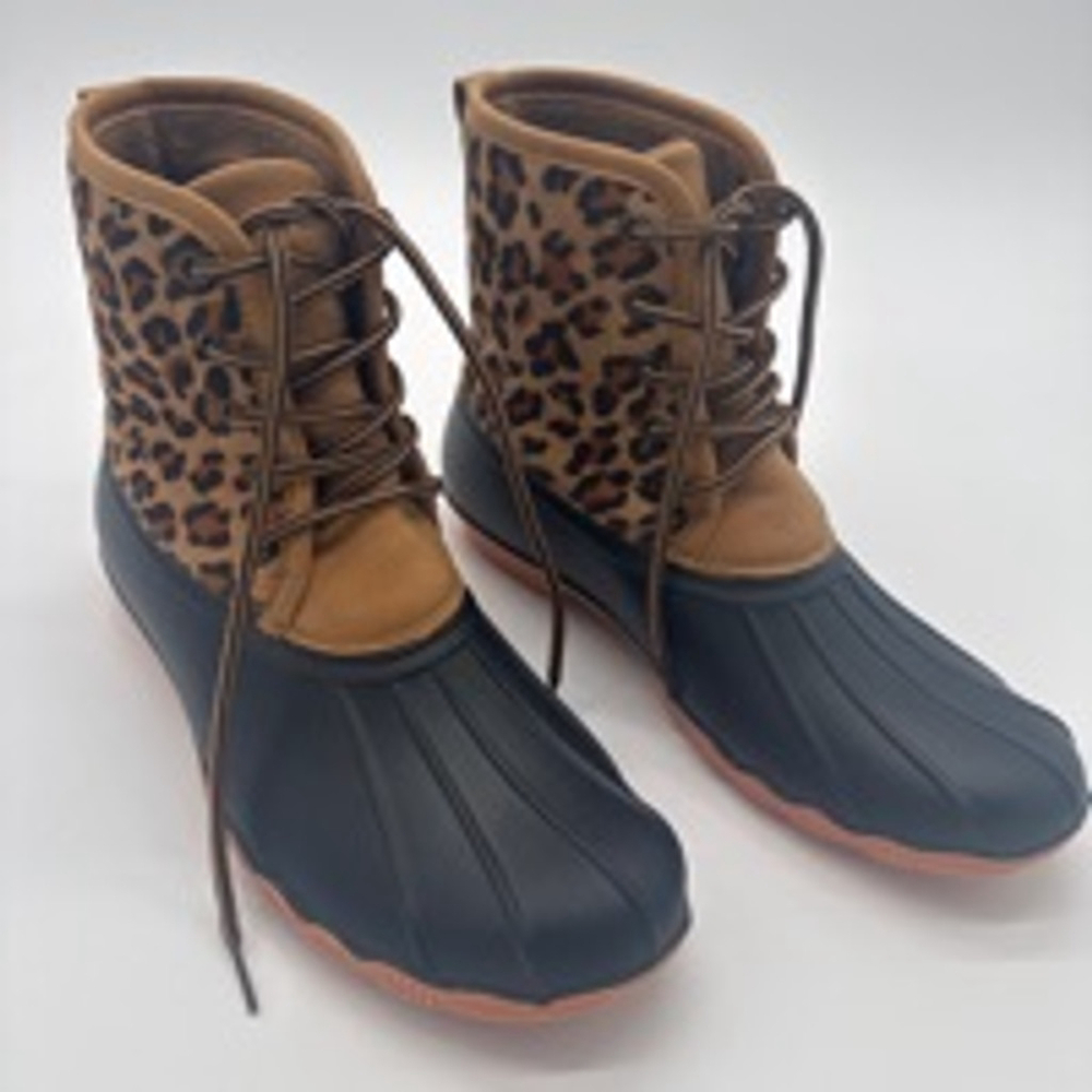 Women's Unbranded Duck Boots Size 8 Black and Leopard Print - Picture 1 of 6